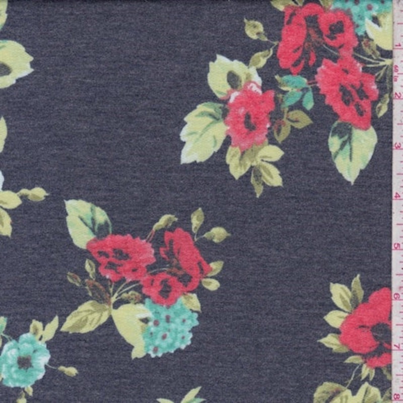 Dark Navy/Coral Floral Double Brushed French Terry Knit Fabric
