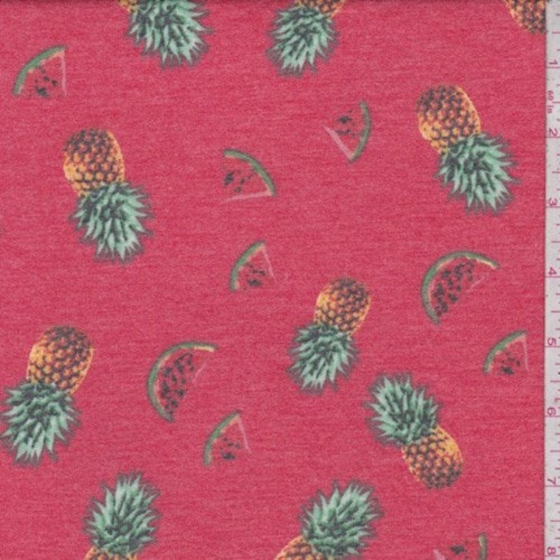 Red Tossed Fruit Brushed French Terry Knit Fabric